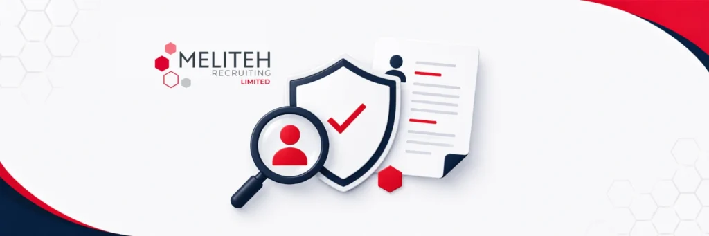 Illustration of background check and compliance services with identity verification, candidate screening, security shield, checklist, and compliance review elements in Meliteh branding colors.