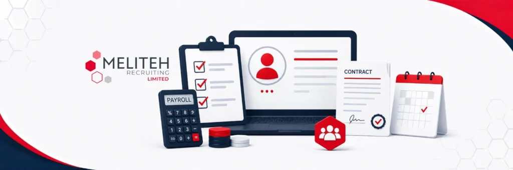 Professional HR and payroll services illustration featuring payroll management, workforce administration, contract documentation, and employee support elements.
